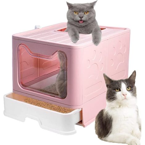Hofuton Litière pliable pour chat - 51 x 41 x 38 cm - Avec couvercle - Facile d'entretien - Résistant aux éclaboussures - Poubelle fermée avec tiroir - Rose (1/5)