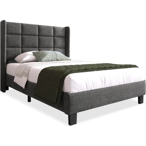Cama tapizada individual 90x200 cm con cabecero alto, somier de láminas de madera, patas negras y diseño elegante en tela gris para dormitorio moderno  CHICFURN (1/5)