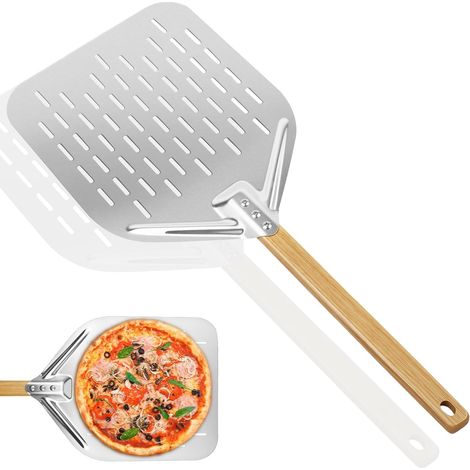 Pelle à pizza perforée, argentée, 39,5 x 30 cm, en alliage d'aluminium, pelle à pizza, avec grande surface et amovible (1/5)