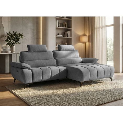 Canapé d’angle relax électrique en velours chiné gris LYANA - (1/5)