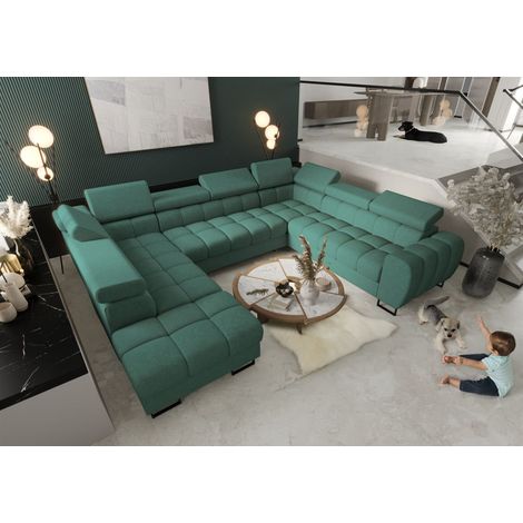 Wohnlandschaft Schlafsofa BASTIEN XL in Stoff Moly Grün Ottomane Links