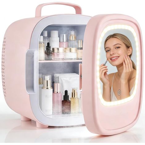 Mini Réfrigérateur 6L, Mini Frigo Cosmétique avec Miroir LED, Portable Thermoelectrique Chauffe & Refroidisseur, AC/DC pour Chambre, Soins de la Peau, Boissons, Bureau, Dortoir et Voiture (Rose) (1/5)