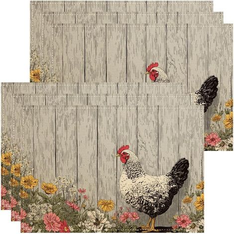Lot de 6 sets de table rustiques en forme de poule - Motif floral rustique - Pour table à manger - Antidérapants - Lavables - Pour intérieur et extérieur'Parent'Multicolore'18x12 Inch (6PCS) (1/5)