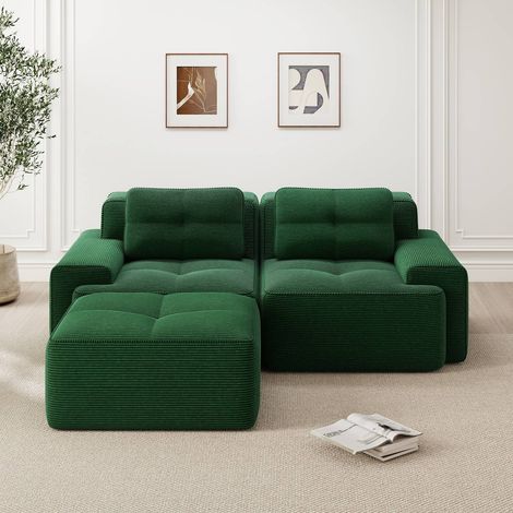 Canapé modulaire sans structure en velours côtelé vert, sofa cloud en l avec ottoman, 2 places (1/5)