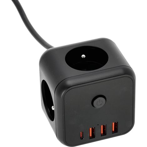 Prolunga con 3 prese + 3 porte USB + 1 porta USB-C con messa a terra, 1,5 m, nera. (1/3)