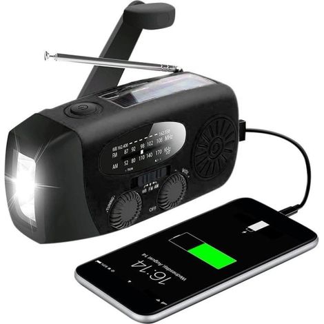 Filiyano – Lampe torche - Batterie – Radio à manivelle avec cellules solaires / Lampe torche - Batterie externe 2000 MAH - Noir
