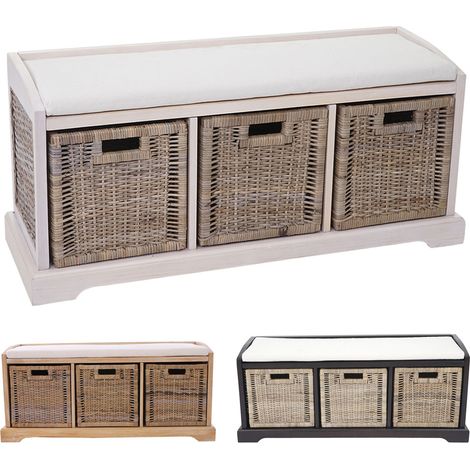 Mendler – Banc d'entrée en bois massif avec 3 paniers de rangement en osier – Dimensions 112x37x46cm – Coussin amovible et lavable