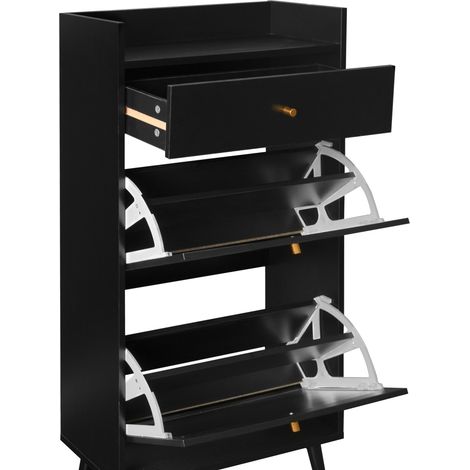 Scarpiera nera con due ante e un cassetto, effetto rattan, 60 cm (1/5)