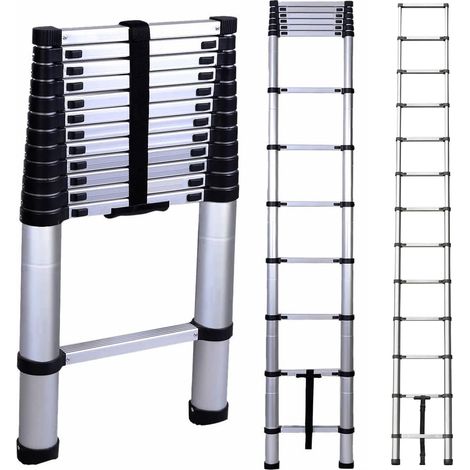 Dayplus – Échelle télescopique 3,8 m en acier inoxydable – 13 marches antidérapantes – Charge maximale 150 kg – Mécanisme de verrouillage simple