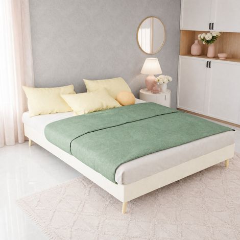 Letto 140 x 200 cm con base bassa in velluto beige e struttura in metallo DESVIAE (1/5)