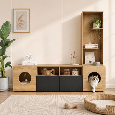 MODFU – Mueble TV 185 cm con espacio para gato, compartimentos de almacenaje y estante alto, estructura de madera natural y negra, carga hasta 185 kg (1/5)