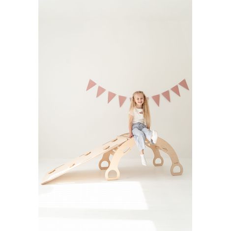 Dondolo Montessori XXL 2 in 1 con maniglie + scivolo NUVOLE - in legno (1/5)
