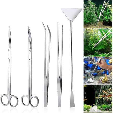 Kit d'aménagement paysager pour aquarium 5 en 1 en acier inoxydable pour plantes aquatiques : pince, ciseaux, spatule