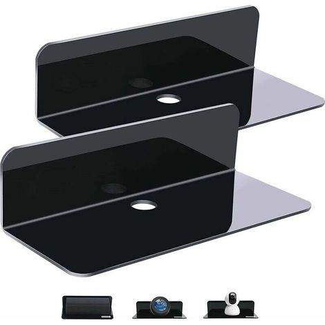 Lot de 2 étagères murales noires extensibles sans dommage - dimensions de 22,9 cm - en acrylique pour haut-parleur intelligent, figurines d'action, caméra, avec 4 clips câble. (1/5)