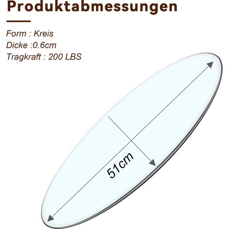 Plateau rond en verre trempé Ø51 cm, épaisseur 0,6 cm. Durable et, prêt à l'emploi pour cuisine et salon