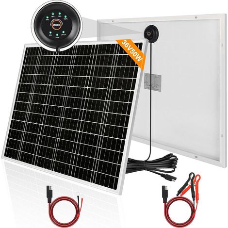 50W 36V Panneau Solaire Kit: 50W 36V Chargeur Solaire Set: 50W Mono Panneaux Solaires Intégrant Régulateur de Charge PWM+2 Paires de SAE Câble,Charge PV Kit pour Batteries GEL, AGM, LiFePO₄ 24V (1/5)