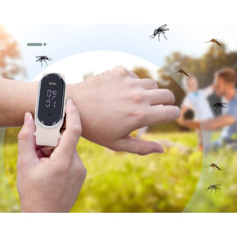 Bracelet anti-moustiques pour sports de plein air, bracelet anti-moustiques pour femmes enceintes et enfants, bracelet anti-moustiques bionique à ultrasons avec fonction horloge, chargement USB, blanc (1/5)