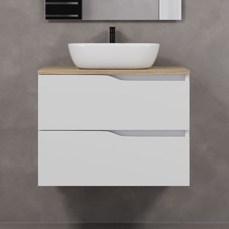Meuble de salle de bain 80cm avec plateau miel et vasque à poser zeus - 2 tiroirs - sans miroir - blanc - LUNA (1/5)