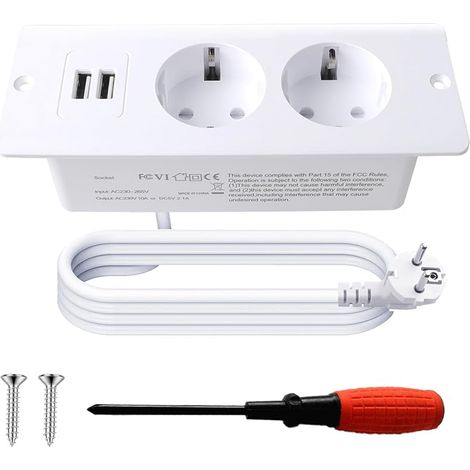 Prise Encastrable Plan de Travail avec 2 USB Double Prise Encastrable de Table Multiprise Encastrable de Table pour Cuisines avec câble de 1,5 m pour Cuisines Bureaux Salle de Réunio-Blanc (1/5)