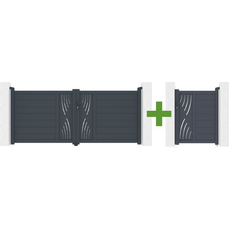Portail battant 3m VELETA H.120cm gris + Portillon aluminium gris 1m VELETA H.120cm