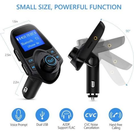 Transmetteur FM Bluetooth - Kit de Voiture - 1,44 Pouces - Chargeur USB - Mains-libres - Noir (1/4)