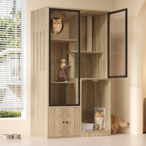 Villa pour chat, maison pour chat d'intérieur, cage pour chinchilla, cage pour chat, abri pour chat, structure d'escalade, enclos pour chat, avec petite porte d'entrée et de sortie (fermable), couleur (1/4)