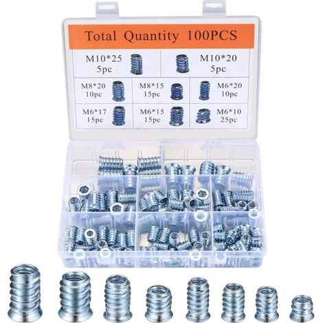 100 Pièces Manchons à Visser, Vis à Tête Fraisée, M6/M8/M10 Boulons à Visser avec Insert à Visser, Insert Écrous à Visser Fileté à Six Pans Creux (1/4)