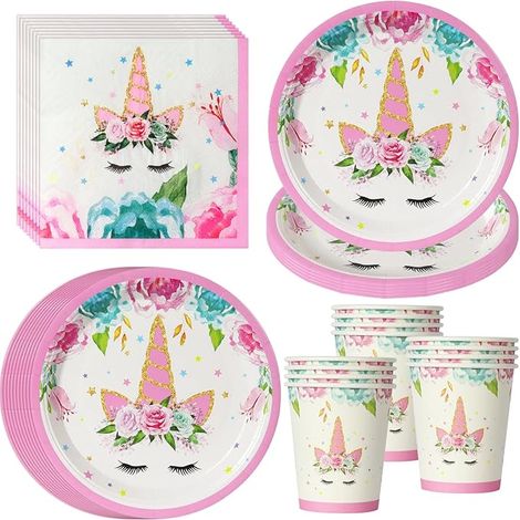 Assiettes gobelets et serviettes décoration d'anniversaire avec motifs floraux (1/5)