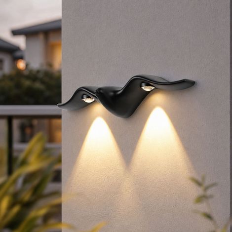 Applique murale LED design goéland 12W étanche IP65 aluminium laqué noir ou blanc pour extérieur balcon entrée 38x10cm (1/4)