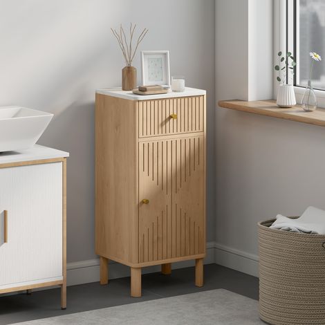 Meuble de salle de bain, meuble de rangement avec plateau effet marbre et porte rainurée, chêne, tiroir 36 x 30 x 80 centimètres