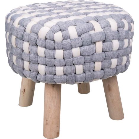 Taburete de madera y algodón trenzado gris 40x40x36