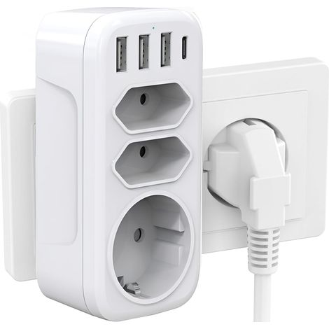 Multiprise 3 prises 4 ports USB (3A+1C), protection surtension, montage mural, design compact, blanc (1/5)