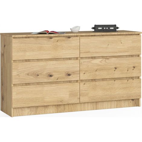 Akord – Commode enfant 138 cm – 6 tiroirs – Panneau stratifié chêne artisan – Dimensions 138x40x77 cm – Limiteur d'extension de tiroir