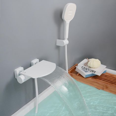Robinet de Baignoire avec Douchette, Mitigeur Baignoire Cascade, Mitigeur Bain Douche Mural, Laiton, Blanc, 16Y6OK (1/5)
