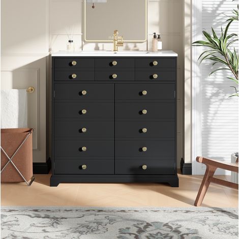 Mueble de baño con lavabo moderno negro, lavabo de cerámica, MDF, cajones y almacenaje con estante regulable 91,5 cm (1/5)