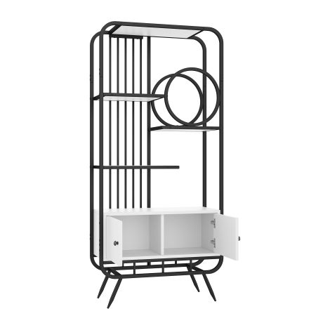 Étagère métallique de style moderne, dotée d'une structure robuste en acier tubulaire, d'un design géométrique, d'une configuration à plusieurs niveaux et d'accents décoratifs circulaires — idéale pou (1/5)