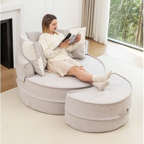Canapé chaise longue redondo de chenilla gris con otomana, 121 cm, sin montaje (1/5)