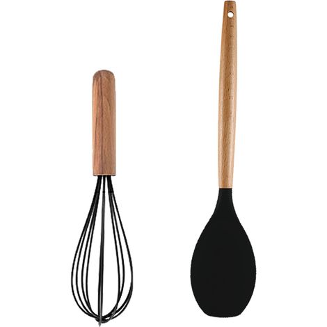 Ustensiles De Cuisine En Silicone - Avec Manche En Bois - Résistants À La Chaleur Et Antiadhésifs - Set De 2 Pièces (1/5)