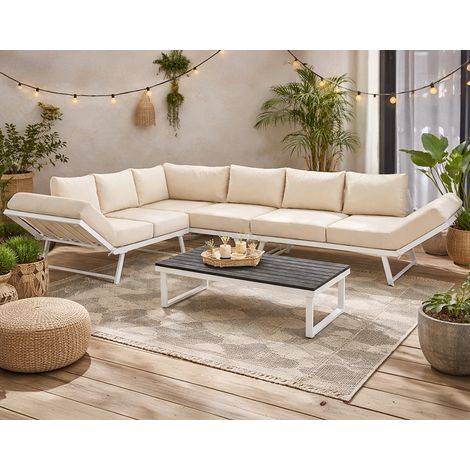 Konna - salon de jardin d'angle en acier blanc - 5 places - coussin beige et table incluse - beige/blanc (1/5)