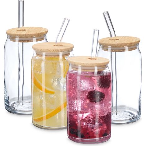 Relaxdays Drinking Glasses, Set of 4, Bamboo Lid & Straw, 450 ml, Tumblers for Smoothies & Iced Coffee, Clear/Natural
