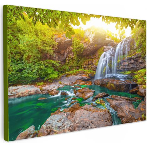 TABLEAU SUR TOILE Nature - Chute d'eau - Plantes - Arbres - Soleil Tableau Cuisine Décoration murale 90x60 cm