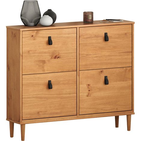 Idimex – Meuble à chaussures 4 abattants – Capacité 16 paires – Pin massif lasuré chêne – Design scandinave moderne avec poignées en cuir