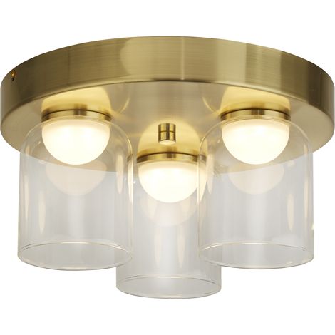 Searchlight Highball Plafonnier à 3 lampes à LED, laiton satiné et verre transparent IP44 (1/4)