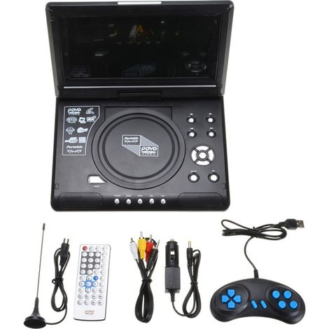 Lecteur DVD portable 9,8 pouces, mini TV 3D avec son, écran rotatif à 270°, radio FM, lecture CD/DVD/VCD/EVD/MPEG4/clé USB/SD/MS/M (1/5)