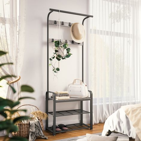 Meerveil – Porte-manteau industriel avec banc et étagère à chaussures 72x34x182 cm – 9 crochets amovibles – Charge maximale 80 kg – Métal et aggloméré gris (1/5)