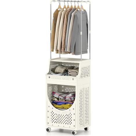 COSTWAY Carrello per Lavanderia a 3 Livelli con Barra Appendiabiti, Cesto Portabiancheria Pieghevole con Ruote Bloccabili, Cesta e 8 Ganci, Scaffale per Lavanderia e Bagno (40 x 30 x 136 cm) (1/5)