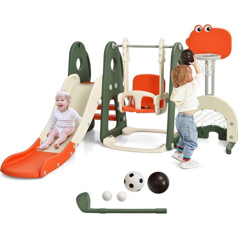 GOPLUS Ensemble Toboggan et Balançoire 6 en 1, avec Panier de Basket Hauteur Réglable&Football&Golf, Motif de Dinosaure,pour 3-8 Ans, Escalade Aire de Jeu Intérieur & Extérieur (Dinosaure Orange) (1/5)