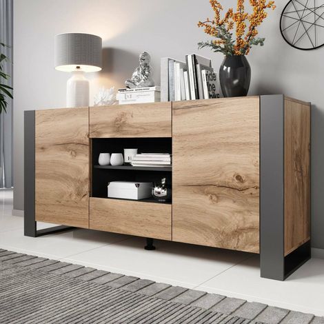 Credenza Albignola, Madia da salotto con due ante battenti, due cassetti e vani interni, Rialzata da terra, 164x44 h80 cm, Rovere Nodi e Antracite (1/5)