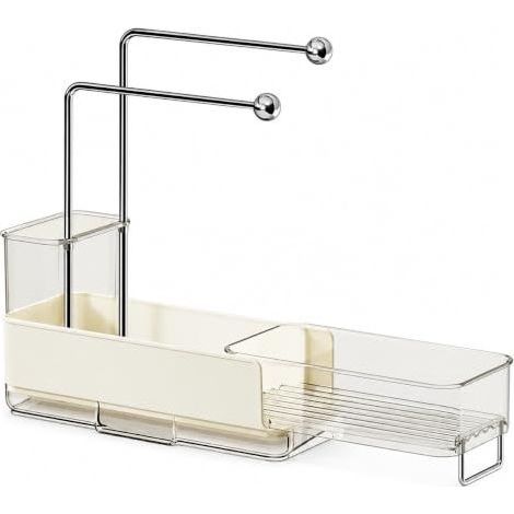 Porte Eponge Evier Cuisine, Extensible 25,6-38 cm, Blanc Bac egouttoir amovible, support eponge evier, porte produit vaisselle, port (1/4)