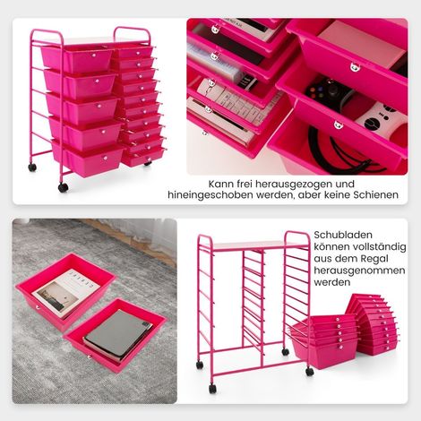 Carrello portaoggetti mobile con 15 cassetti impilabili rosa